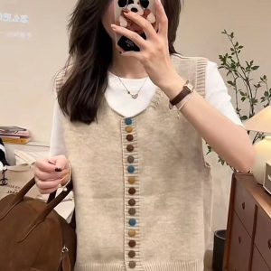 Color Button Vest Autumn Korean Style Cozy Knit Sweater Vest for Women