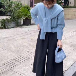 Blue Sweater with Shawl Set and Wool Wide-Leg Pants Set