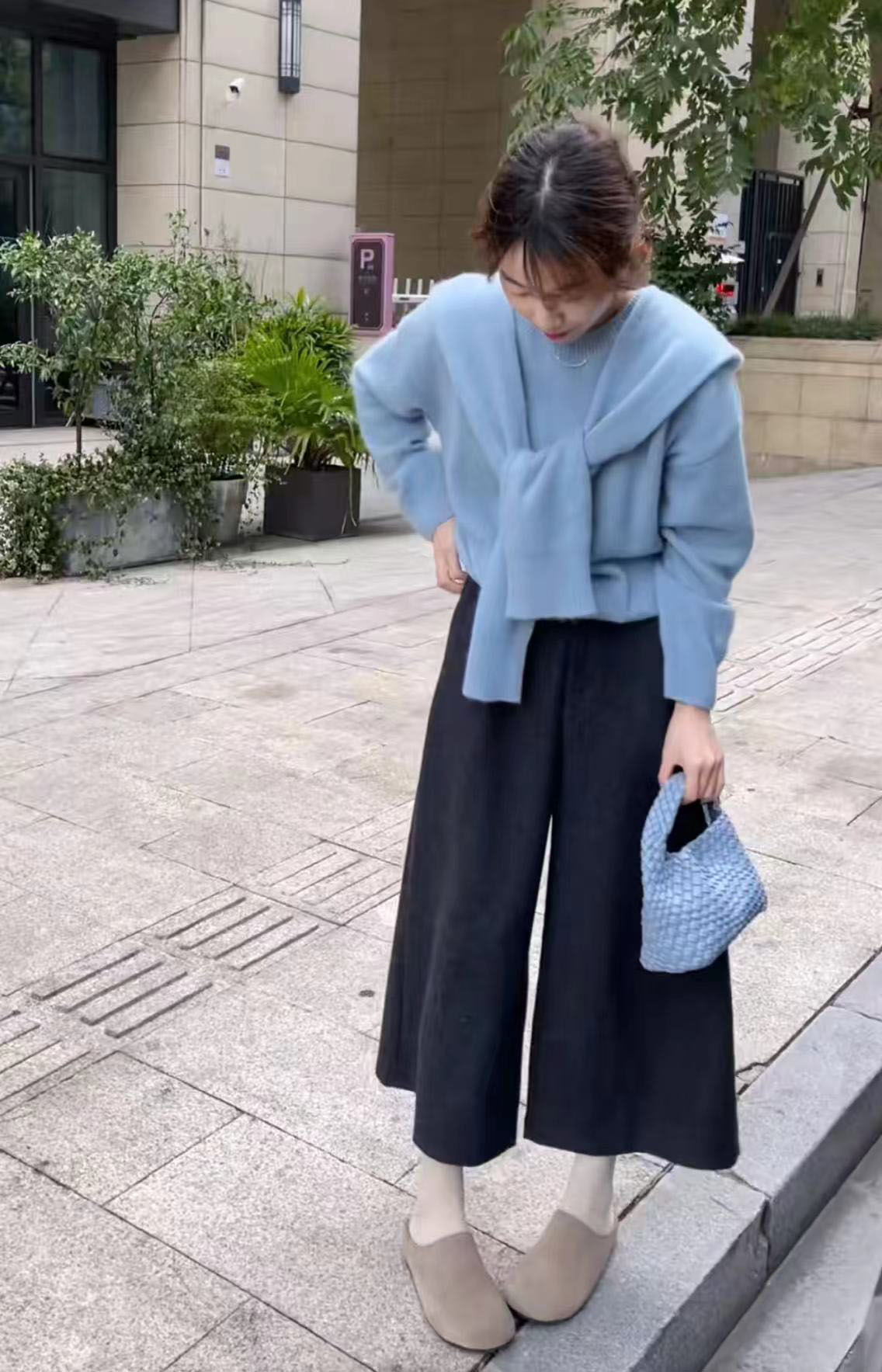 Blue Sweater with Shawl Set and Wool Wide-Leg Pants Set