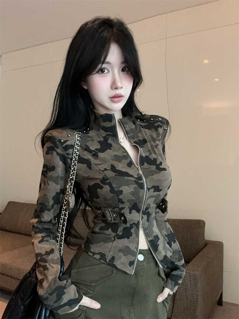 Camouflage Double Zip Cardigan Short Jacket Slim Fit Top - Style 47aceb