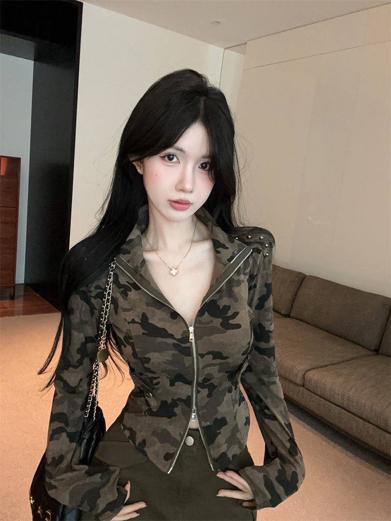 Camouflage Double Zip Cardigan Short Jacket Slim Fit Top - Style 47aceb - Image 2