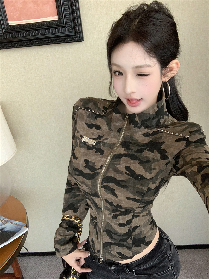 Women's Camo Print Long Sleeve Stand Collar Double Zip Slim Fit Top - Image 4