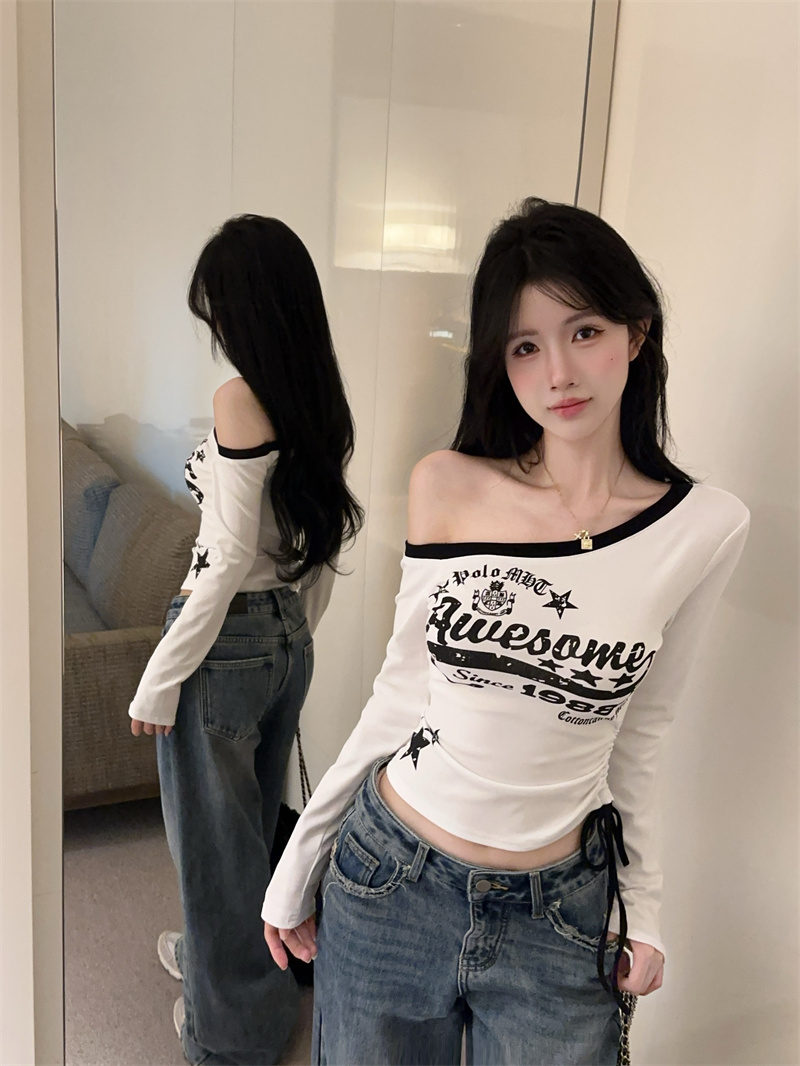 Women's American Retro Letter Print One-Shoulder Long-Sleeve T-Shirt Slim Fit Off-Shoulder Top Fall - Image 4