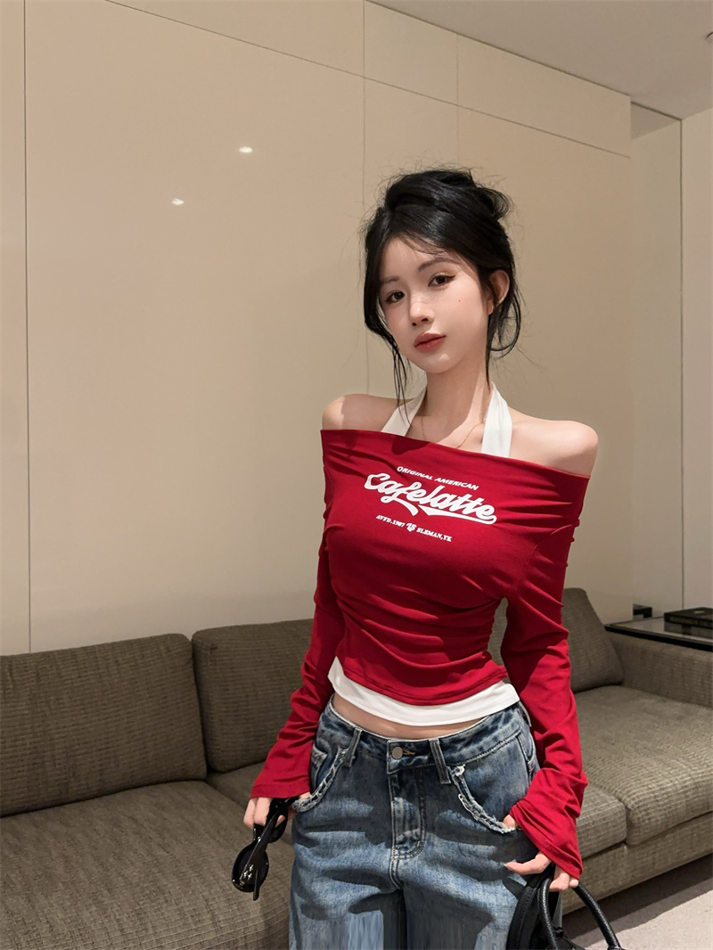 2025 New Color Block Halter Fake Two-Piece Letter Print Long Sleeve T-Shirt Slim Fit Base Top