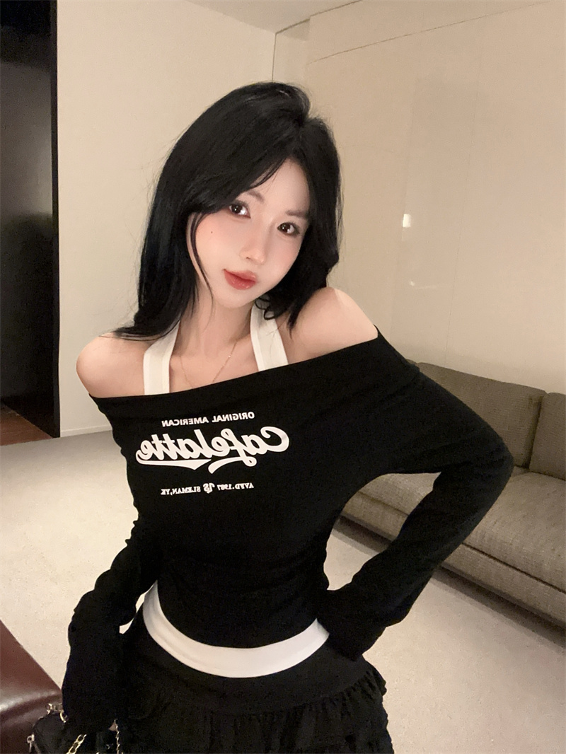 2025 New Color Block Halter Fake Two-Piece Letter Print Long Sleeve T-Shirt Slim Fit Base Top - Image 2