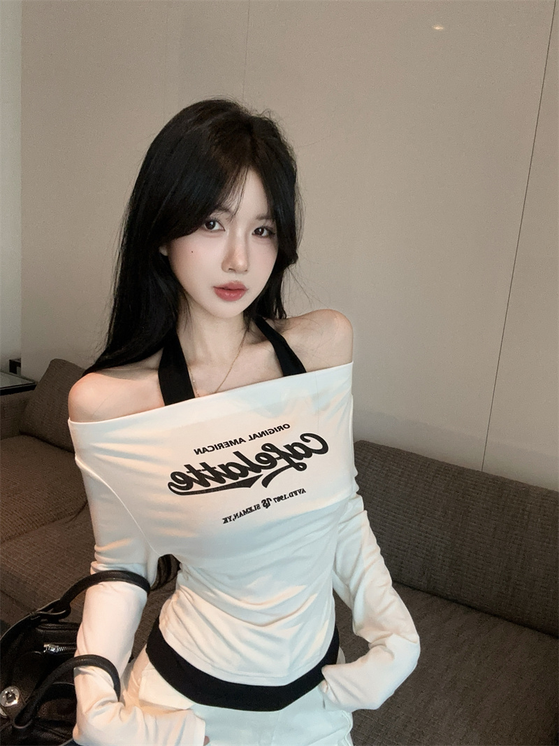 2025 New Color Block Halter Fake Two-Piece Letter Print Long Sleeve T-Shirt Slim Fit Base Top - Image 3