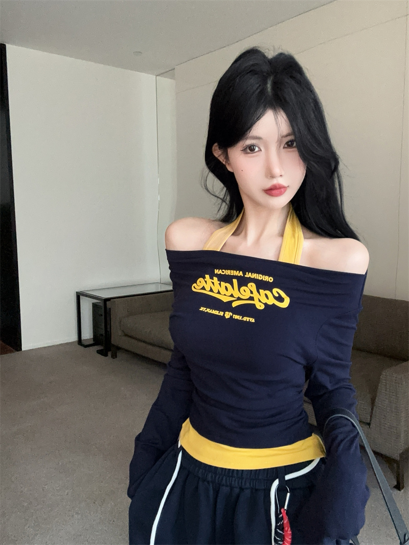 2025 New Color Block Halter Fake Two-Piece Letter Print Long Sleeve T-Shirt Slim Fit Base Top - Image 4