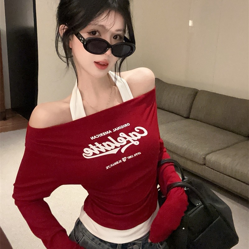 2025 New Color Block Halter Fake Two-Piece Letter Print Long Sleeve T-Shirt Slim Fit Base Top - Image 5