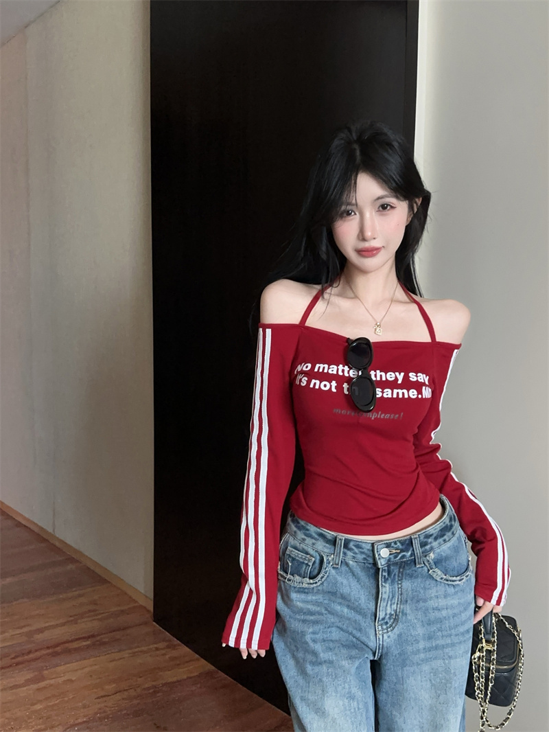 Women's Slim Fit Off-Shoulder Halter Neck Letter Print Long Sleeve T-Shirt - Image 2