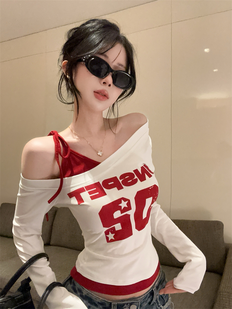 Women's Asymmetric One-Shoulder Patchwork T-Shirt American High Street Style