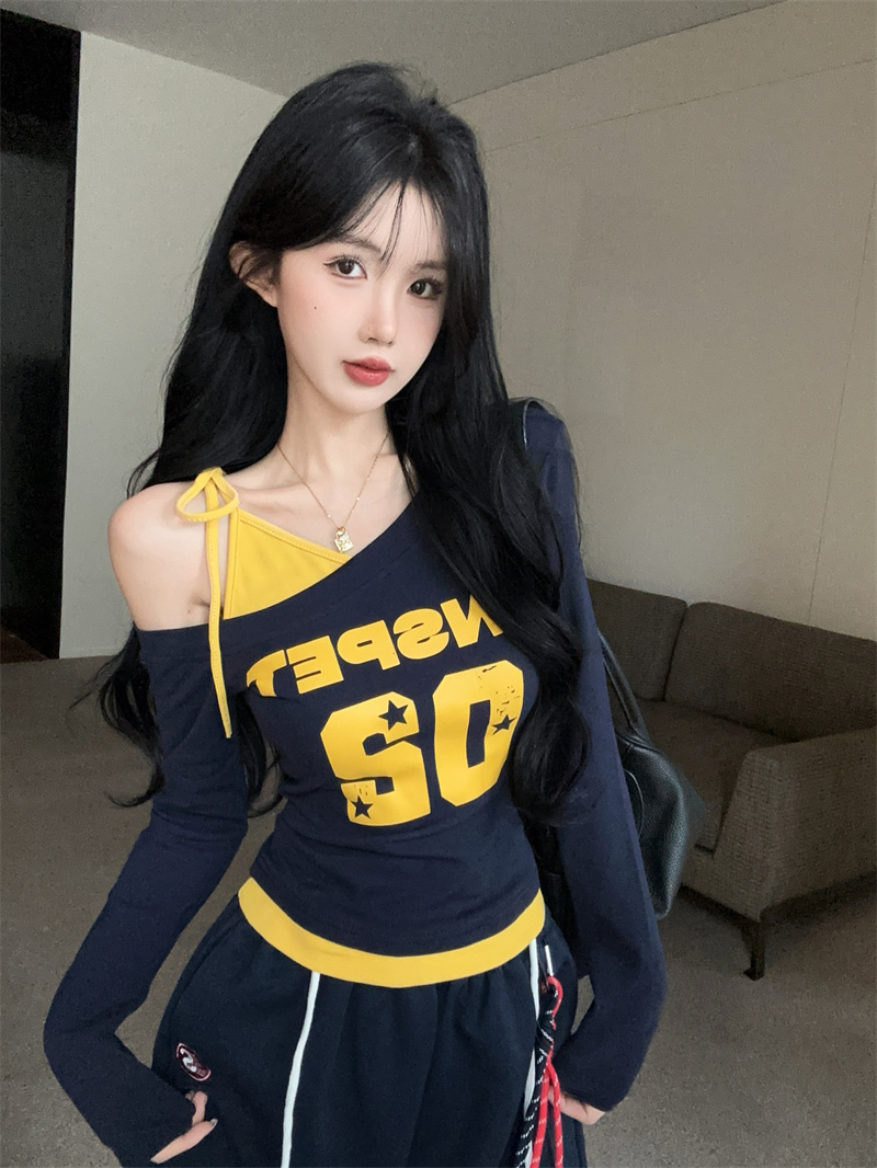 Women's Asymmetric One-Shoulder Patchwork T-Shirt American High Street Style - Image 2