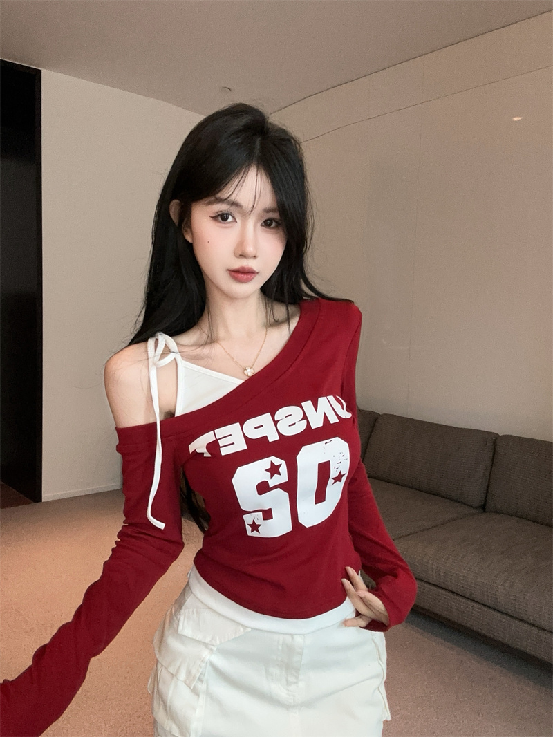Women's Asymmetric One-Shoulder Patchwork T-Shirt American High Street Style - Image 3