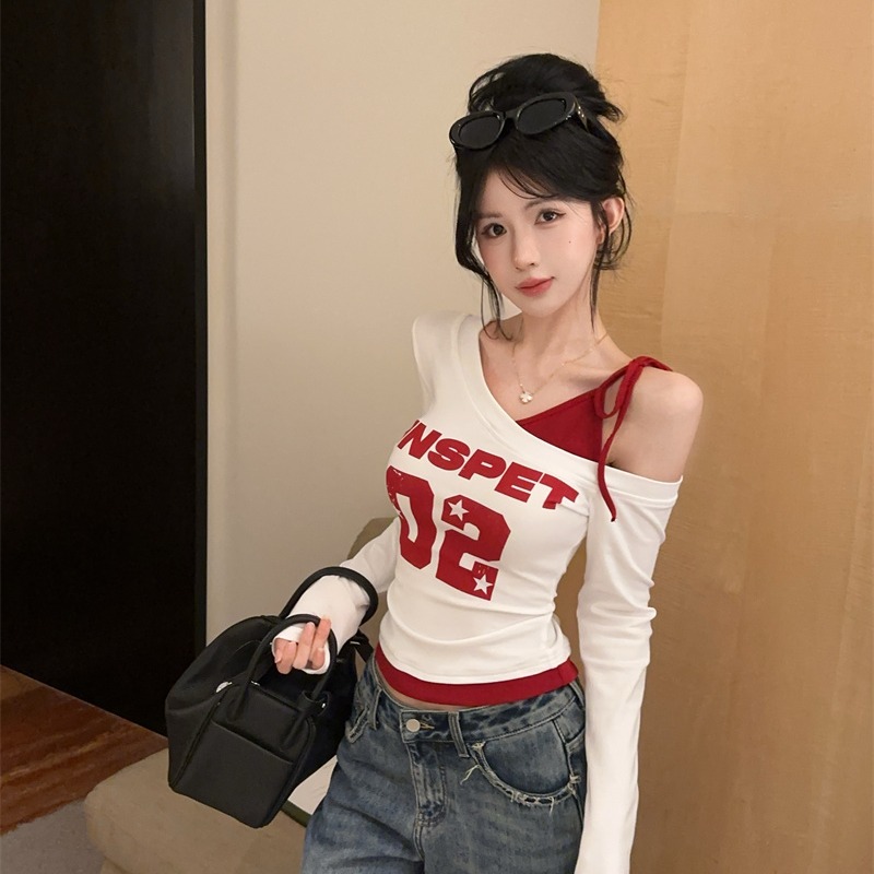 Women's Asymmetric One-Shoulder Patchwork T-Shirt American High Street Style - Image 5