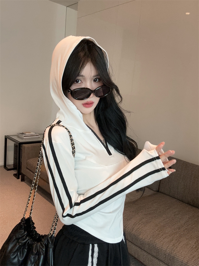 2025 Fall Hooded Long Sleeve Zip Slim Cropped T-Shirt for Women