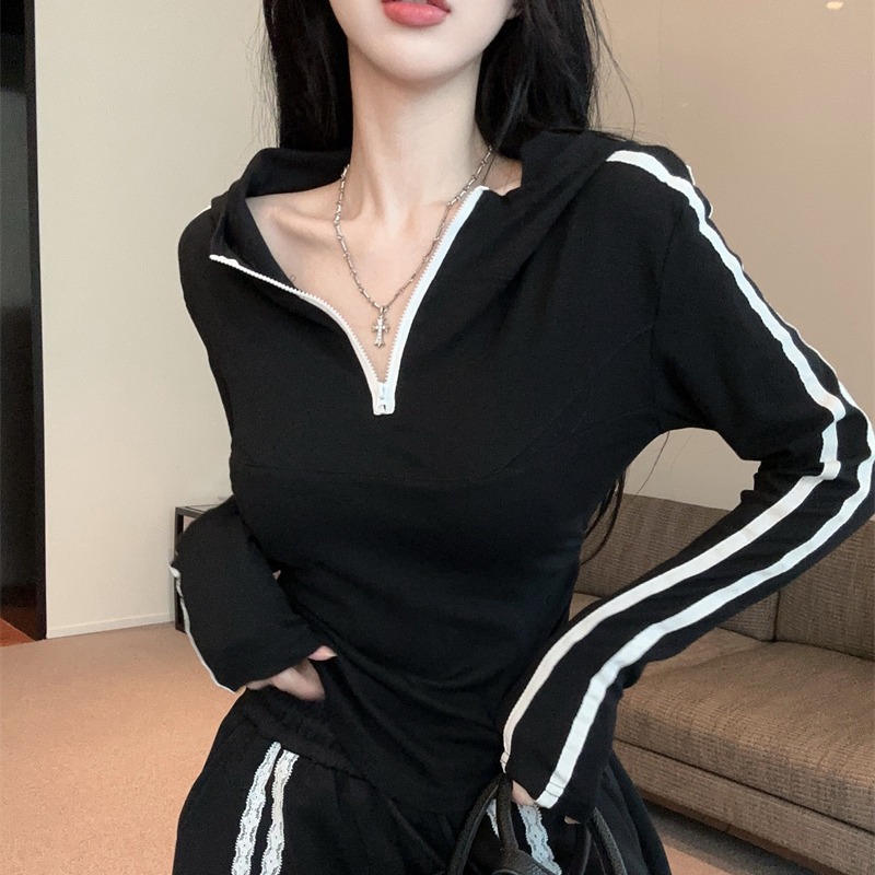 2025 Fall Hooded Long Sleeve Zip Slim Cropped T-Shirt for Women - Image 5