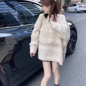 Lazy Style Loose Korean Design Round Neck Hollow Out Crochet Mid Length Sweater