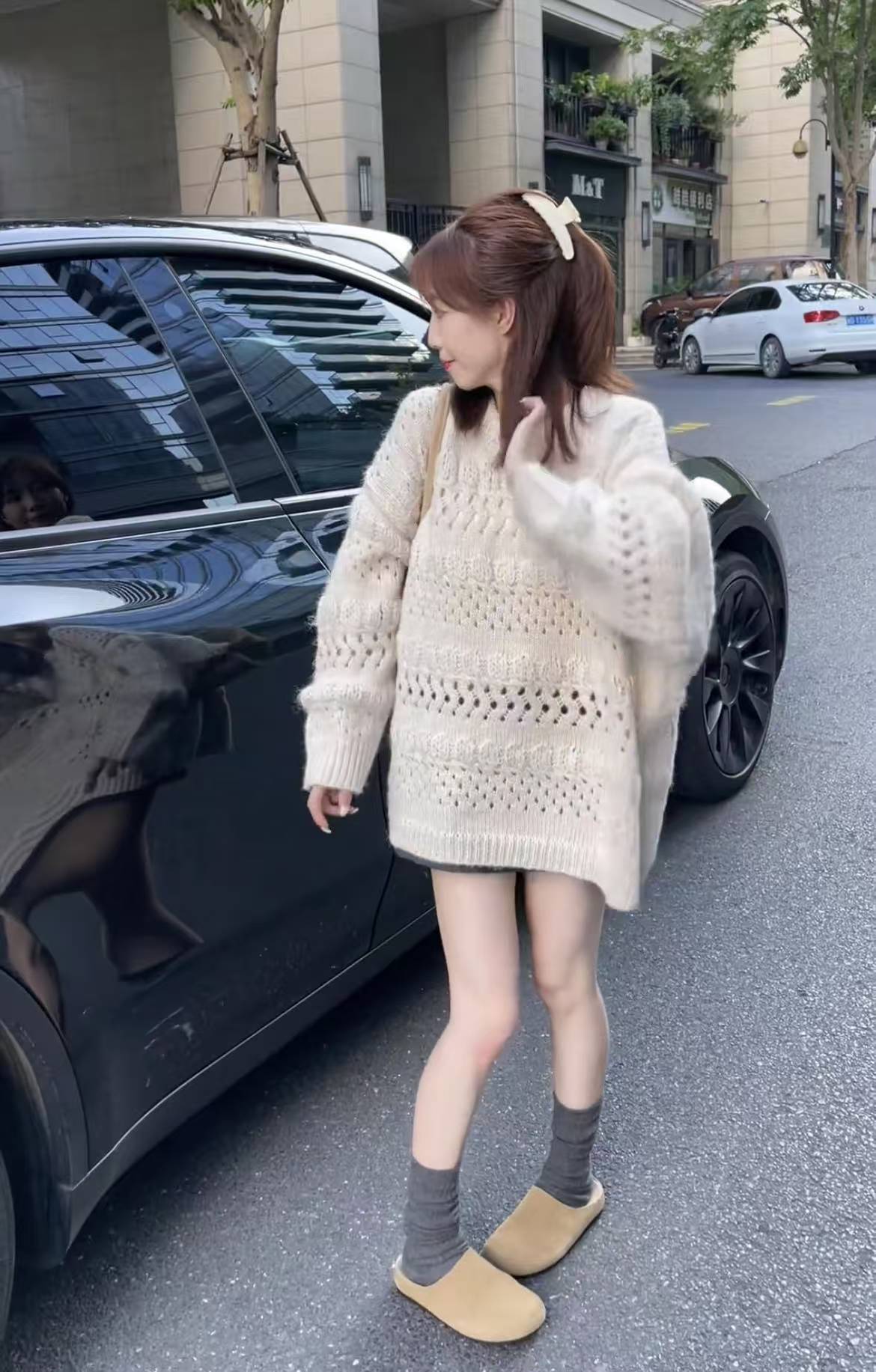 Lazy Style Loose Korean Design Round Neck Hollow Out Crochet Mid Length Sweater