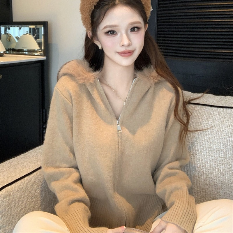 Women's American Retro Hooded Zip Cardigan Sweater with Faux Fur Collar Loose Fit Fall Winter - Image 4