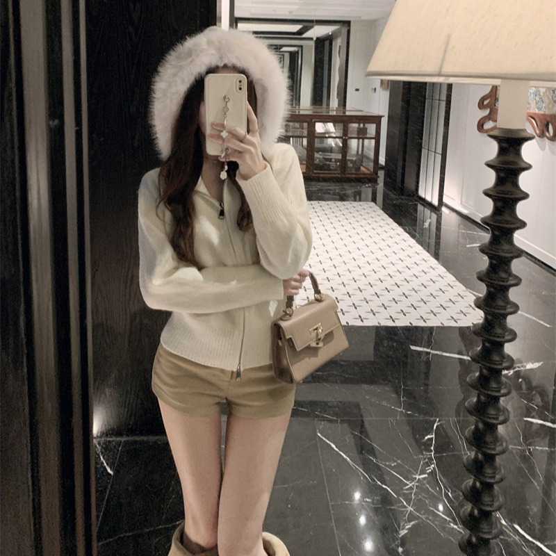 Women's American Retro Hooded Zip Cardigan Sweater with Faux Fur Collar Loose Fit Fall Winter - Image 5