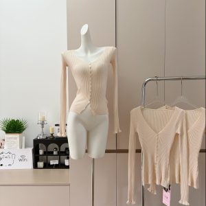 Chill Korean Style Soft Stretch V-Neck Waist-Cinching Knit Long-Sleeve Top
