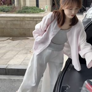 Women's 2-Piece Woven Cotton Cardigan and Tank Top Set with Pants
