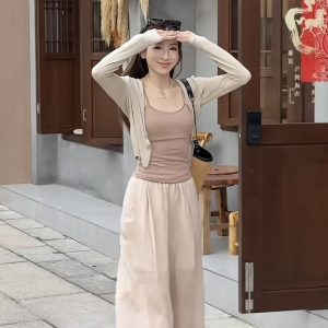 2026 Spring Korean Style Three-Piece Set with Camisole Cardigan and Pants