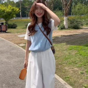 Women's Casual Two-Piece T-Shirt and Skirt Set with Faux Layered Look
