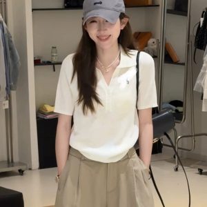 Women's Cotton Short Sleeve Polo Top and Pants Set Casual Spring Summer