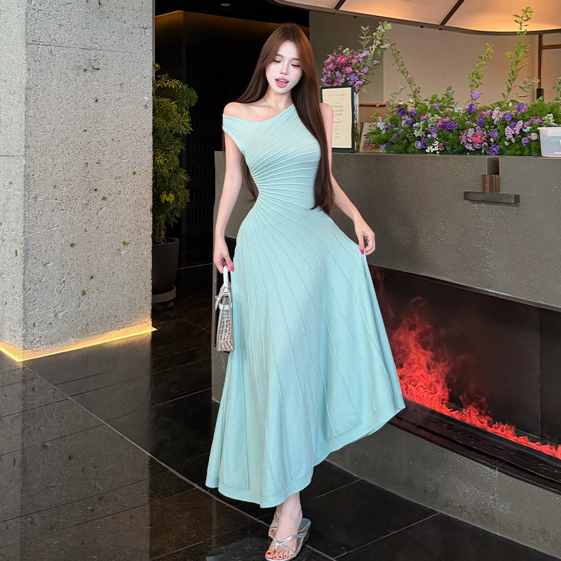 Women's Sleeveless Knit Bodycon Dress with Asymmetric Pleats and Cinched Waist - Image 5