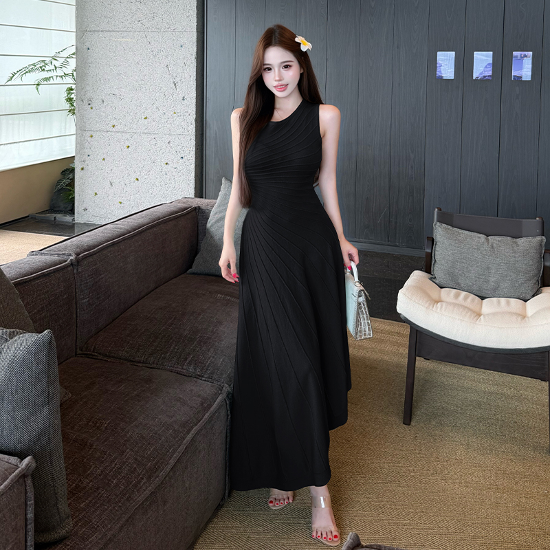 Women's Sleeveless Knit Bodycon Dress with Asymmetric Pleats and Cinched Waist - Image 2