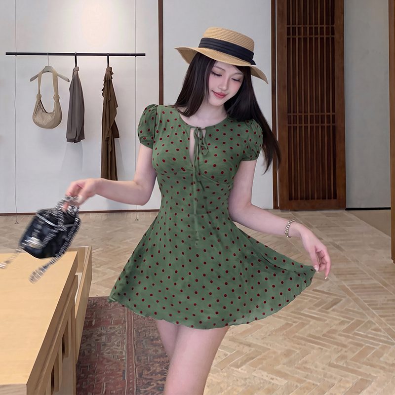 French Style Polka Dot A-Line Mini Dress with Cinched Waist - Image 2