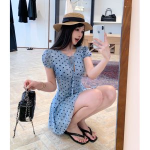 French Style Polka Dot A-Line Mini Dress with Cinched Waist