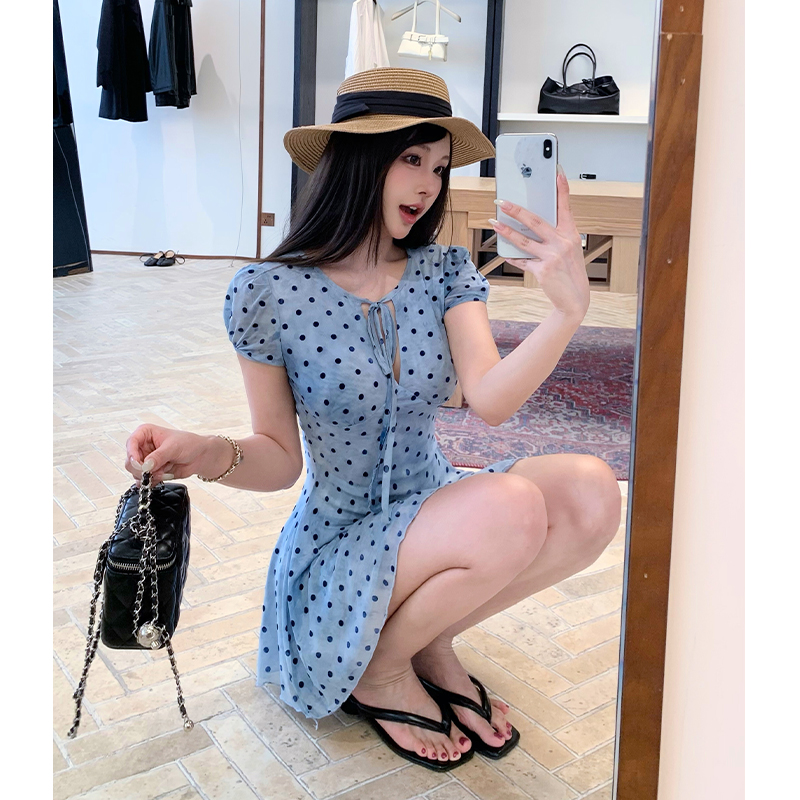 French Style Polka Dot A-Line Mini Dress with Cinched Waist