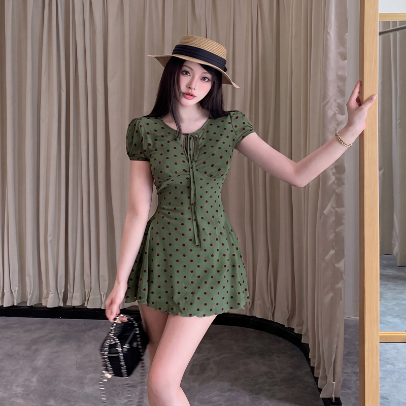 French Style Polka Dot A-Line Mini Dress with Cinched Waist - Image 4