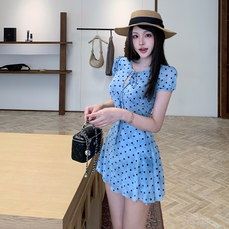 French Style Polka Dot A-Line Mini Dress with Cinched Waist - Image 3
