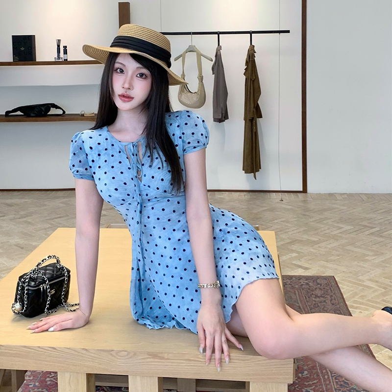 French Style Polka Dot A-Line Mini Dress with Cinched Waist - Image 5