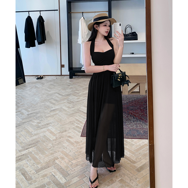 Sexy Mesh Halter Dress with Padded Bust Ruched Tie Backless Long Dress Pure Desire Summer - Image 2