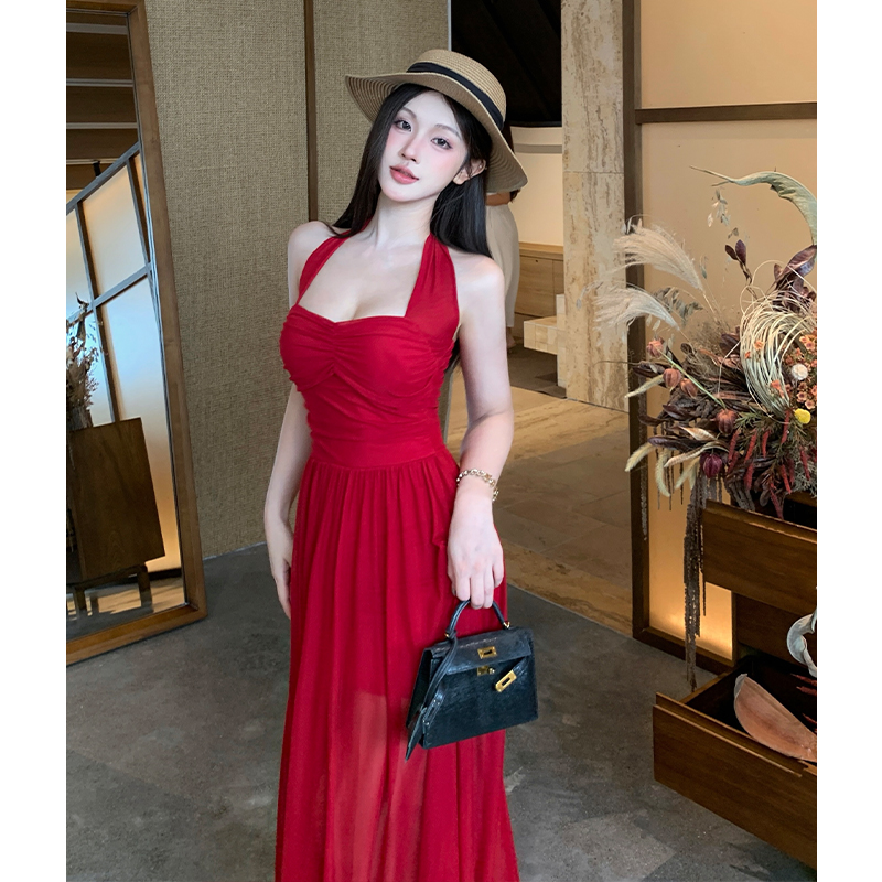 Sexy Mesh Halter Dress with Padded Bust Ruched Tie Backless Long Dress Pure Desire Summer - Image 3