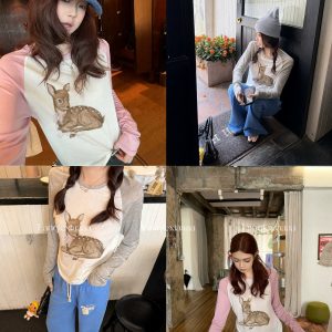 Women's Summer Korean Style Color Block Round Neck Slim Fit T-Shirt