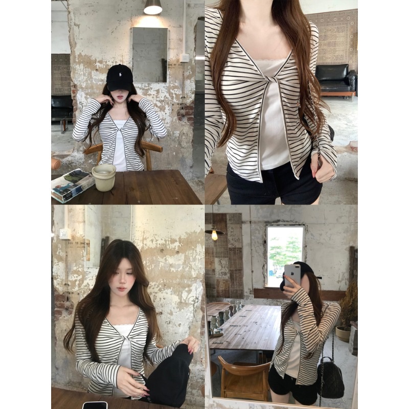Women's Tencel Ribbed Faux Two-Piece Long Sleeve T-Shirt Slim Fit Cropped Top - Image 3