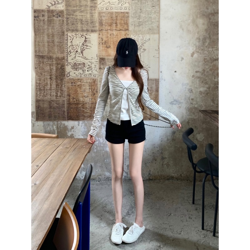 Women's Tencel Ribbed Faux Two-Piece Long Sleeve T-Shirt Slim Fit Cropped Top - Image 4