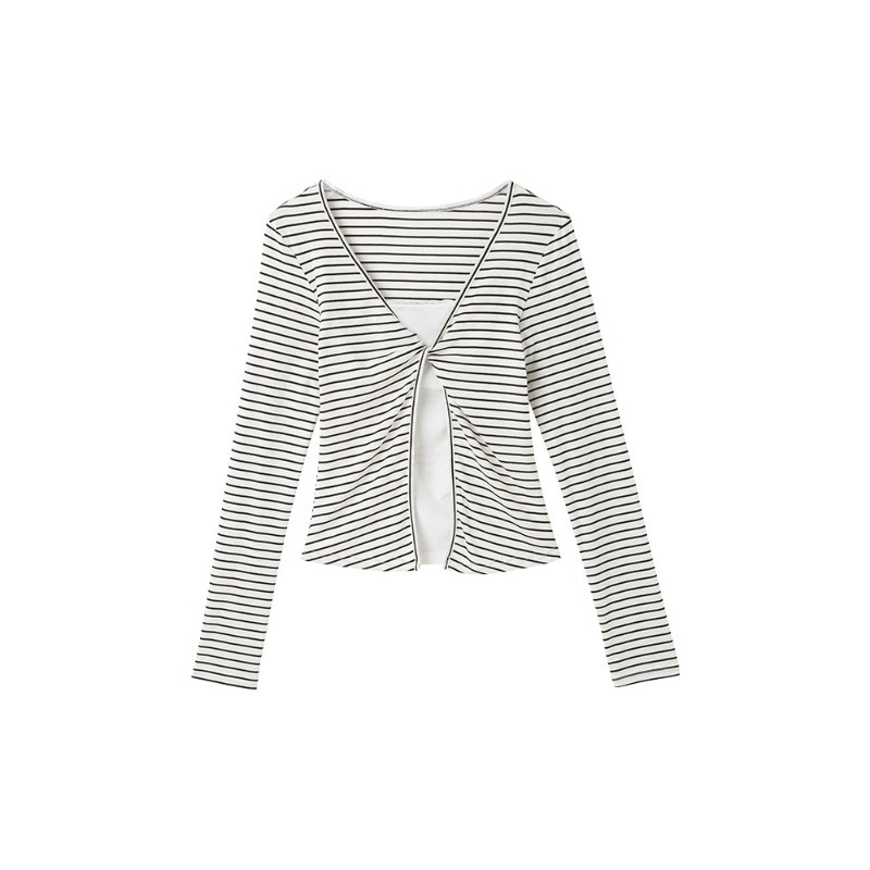 Women's Tencel Ribbed Faux Two-Piece Long Sleeve T-Shirt Slim Fit Cropped Top - Image 5