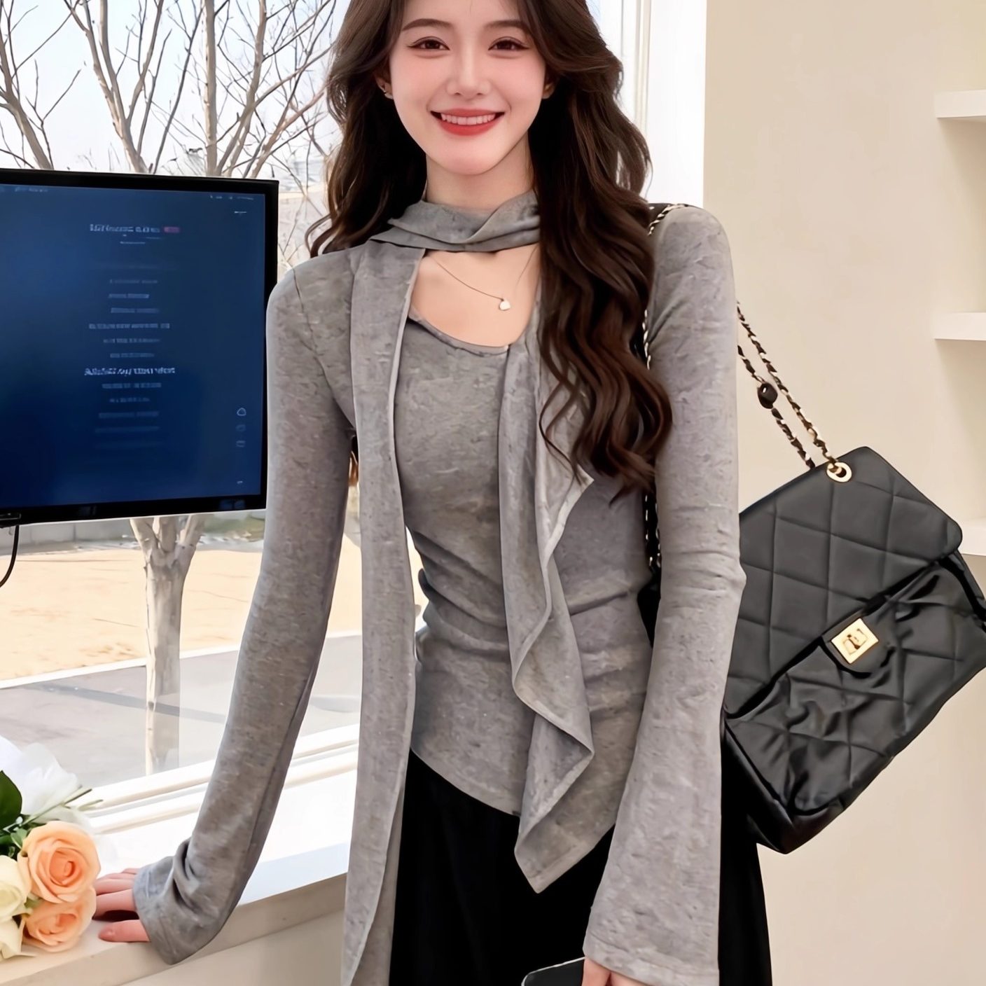 Women's Asymmetric V-Neck Ribbon Ruffle Long Sleeve T-Shirt
