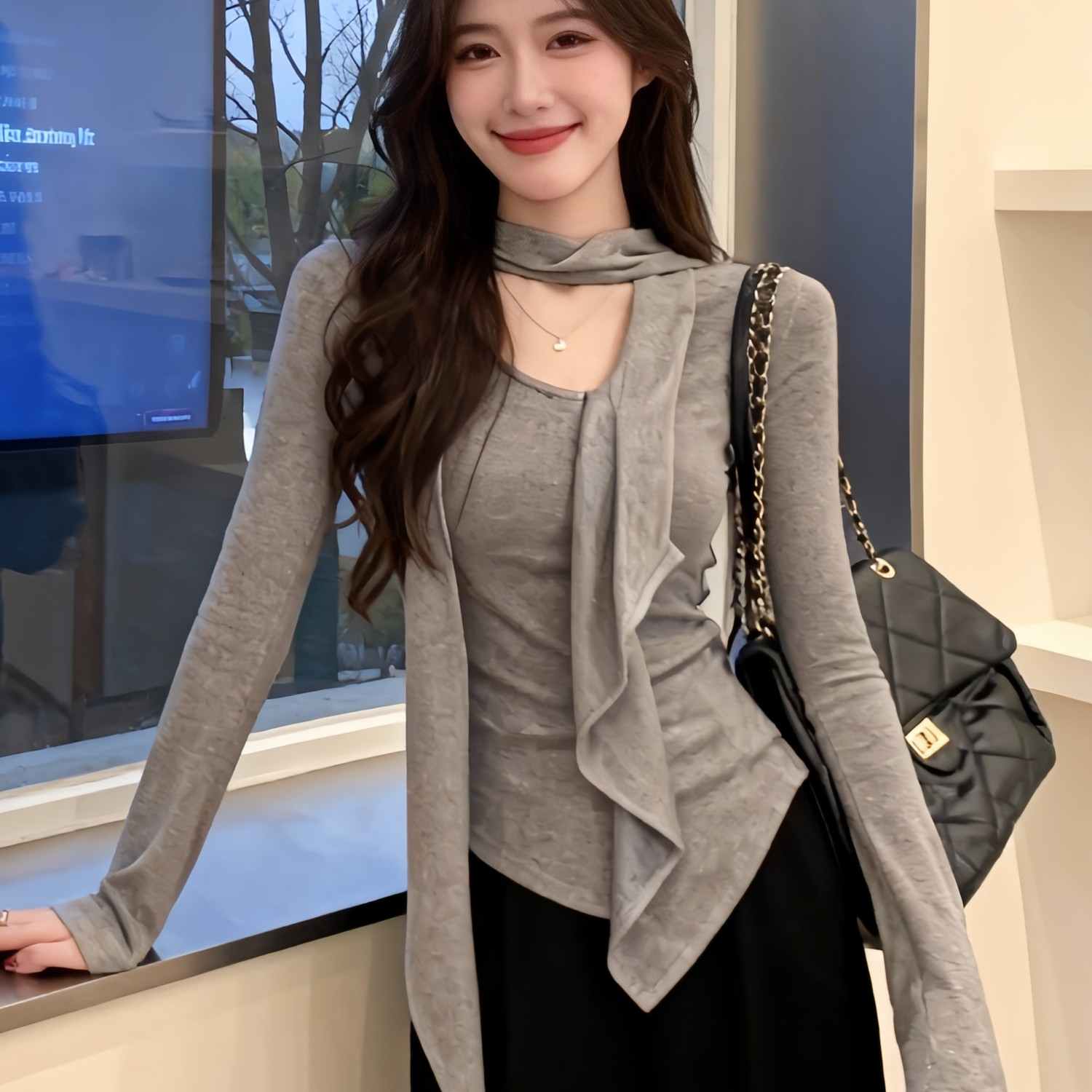 Women's Asymmetric V-Neck Ribbon Ruffle Long Sleeve T-Shirt - Image 2
