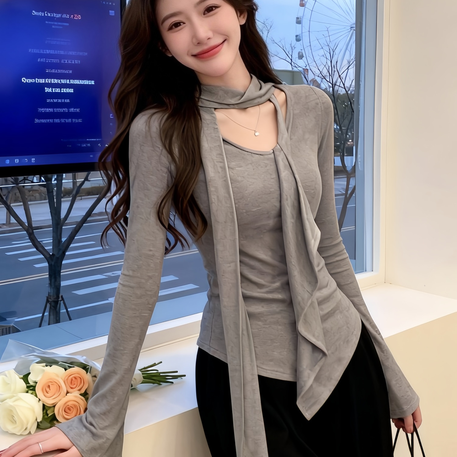 Women's Asymmetric V-Neck Ribbon Ruffle Long Sleeve T-Shirt - Image 3