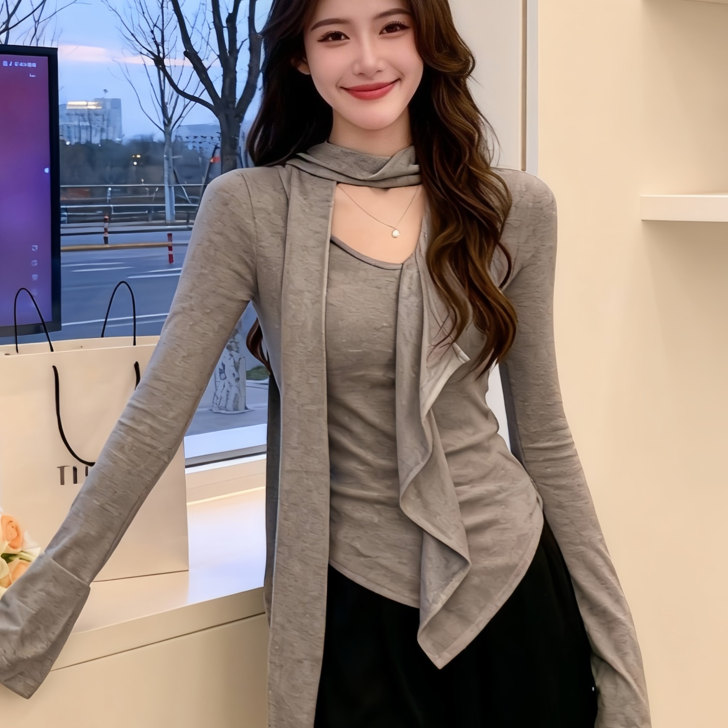 Women's Asymmetric V-Neck Ribbon Ruffle Long Sleeve T-Shirt - Image 5