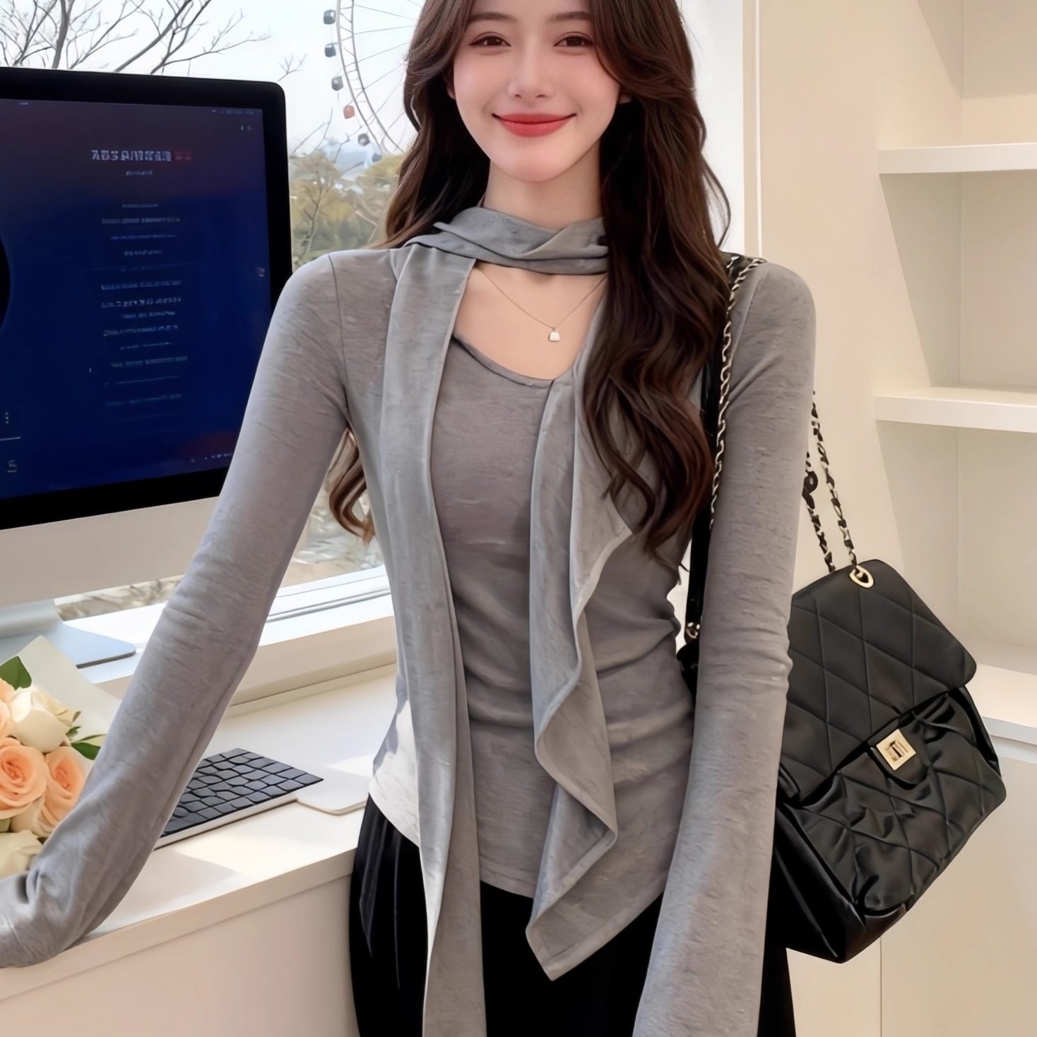 Women's Asymmetric V-Neck Ribbon Ruffle Long Sleeve T-Shirt - Image 4