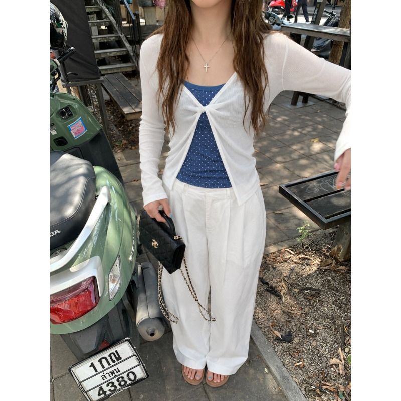 Women's Tencel Ribbed Blue Polka Dot Cami Tank Top with Light Knit Cover-Up Early Autumn Top - Image 2