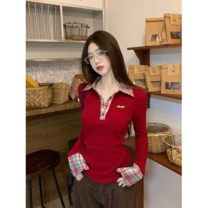Women's Plaid Polo Collar Knit Sweater Slim Fit Base Layer