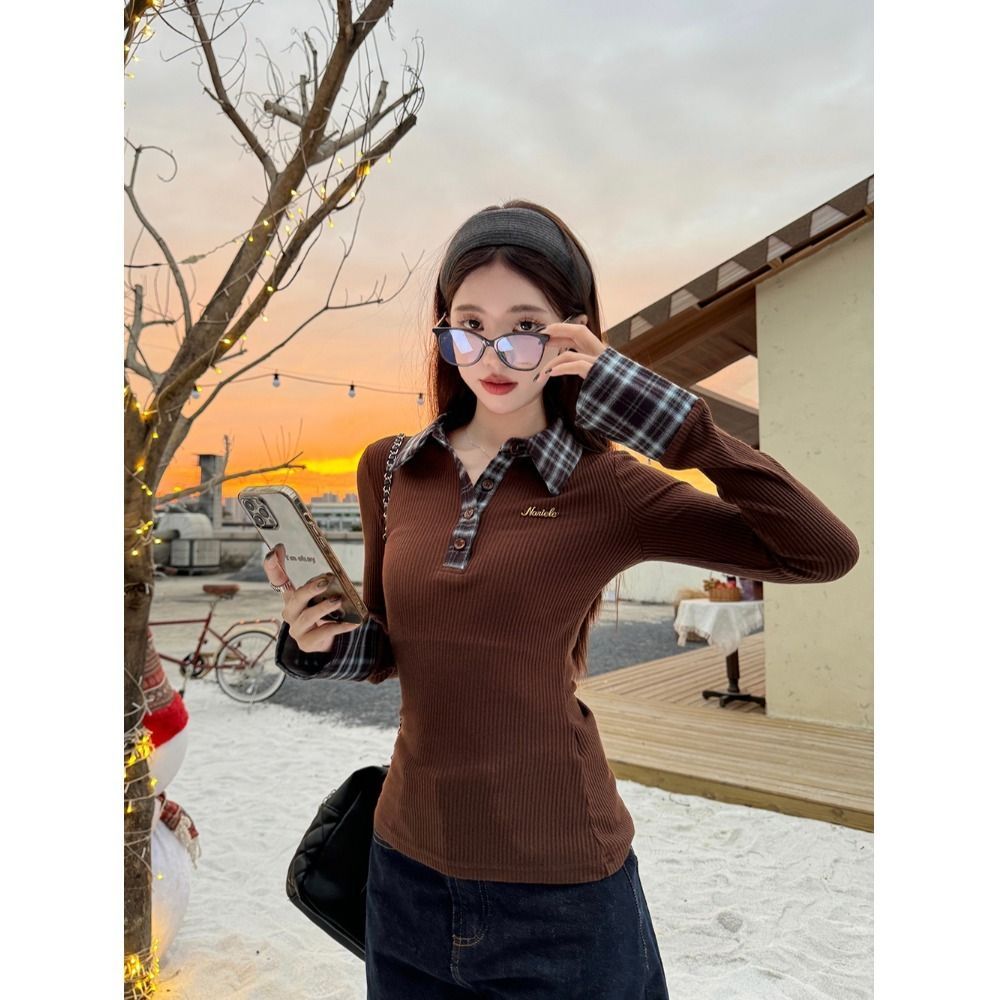 Women's Plaid Polo Collar Knit Sweater Slim Fit Base Layer - Image 2